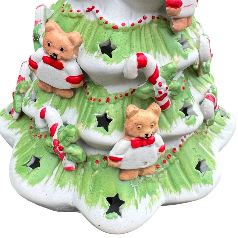 Vintage Ceramic Lighted Christmas Tree Santa Teddy Bear Candy Cane Star Cutouts